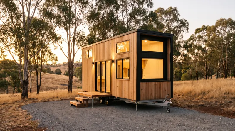 A tiny home on wheels under gum trees at golden hour